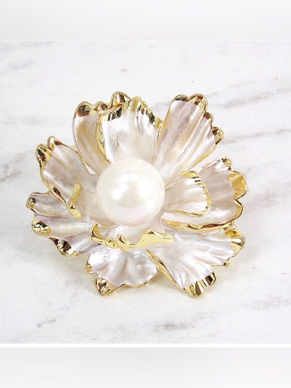 White Flower Brooch Pin with pearl center and gold trim. White floral fashion